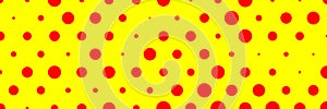 Pop art, red yellow comic effect background. Random dots, dotted, circles pattern, texture element. 1960s, 1970s Andy Warhole, Roy