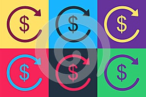 Pop art Refund money icon isolated on color background. Financial services, cash back concept, money refund, return on