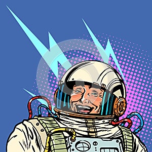 Pop Art Retro The astronaut smiles. The hero rejoices at another victory. Exploring outer space together.