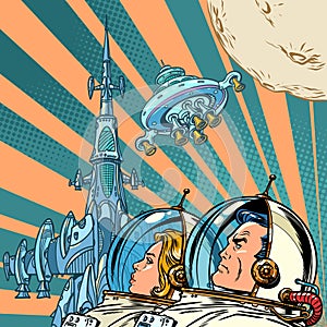 Pop Art Retro Astronauts look together at a space station in orbit around the moon. The desire for human exploration of