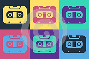 Pop art Retro audio cassette tape icon isolated on color background. Vector