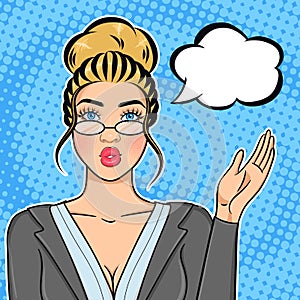 Pop art retro comic style portrait of caucasian blonde businesswoman in suit and glasses pointing finger on speech bubble