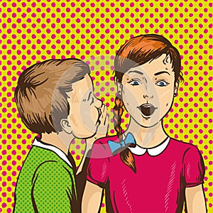 Pop art retro comic vector illustration. Kid whispering gossip or secret to his friend. Children talk each other