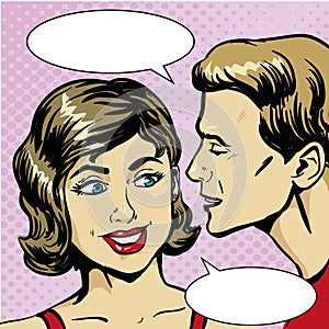 Pop art retro comic vector illustration. Man whispering gossip or secret to woman. Speech bubble