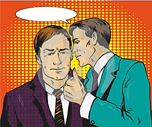 Pop art retro comic vector illustration. Two businessman talk to each other. Man tell business secret his friend. Speech