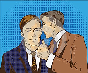 Pop art retro comic vector illustration. Two businessman talk to each other. Man tell business secret his friend. Speech