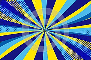 Pop art retro comic. Yellow-blue background. Lightning blast halftone dots. Cartoon background, superhero. Vector