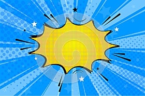 Pop art retro comic. Yellow-blue background superhero. Lightning blast halftone dots. Cartoon vs. Vector . photo