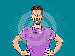 Pop Art Retro The guy in the purple T-shirt laughs heartily. Enjoy life and its surprises. Rejoice at the successes of