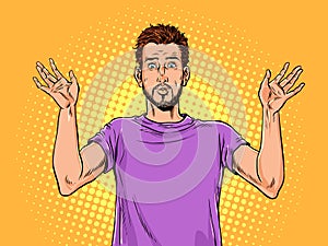 Pop Art Retro A guy in a purple T-shirt raises his hands up. Surrender to the problem that has arisen. Get scared of the