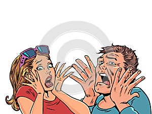 Pop Art Retro A man and a woman scream in horror, covering their faces with their hands. Scary proposals for couples