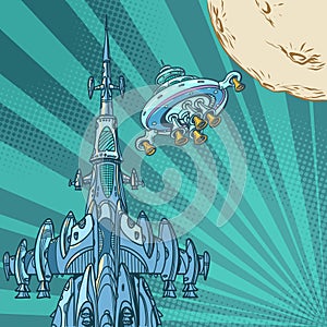 Pop Art Retro A space station on the outskirts of the moon. Future development of humanity and the study of the universe