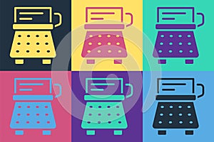 Pop art Retro typewriter and paper sheet icon isolated on color background. Vector
