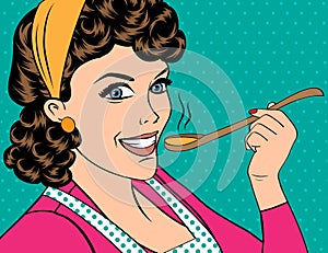 Pop art retro woman with apron tasting her food