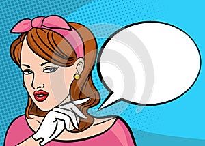 Pop art retro woman face with speech bubble