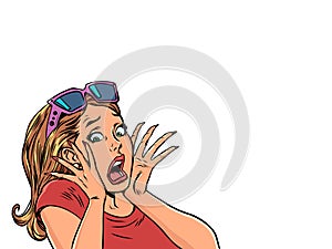 Pop Art Retro The woman screams in horror, covering her face with her hands. Incredible holiday deals. Surprised and