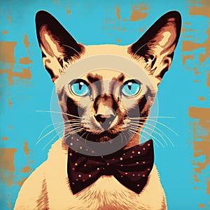 Pop Art Revivalism: Tonkinese Cat With Bow Tie In Andy Warhol Style