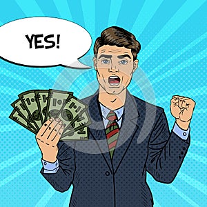 Pop Art Rich Businessman Holding Money Dollar Banknotes with Comic Speech Bubble