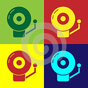 Pop art Ringing alarm bell icon isolated on color background. Alarm symbol, service bell, handbell sign, notification