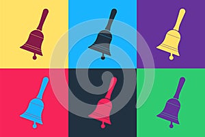 Pop art Ringing bell icon isolated on color background. Alarm symbol, service bell, handbell sign, notification symbol