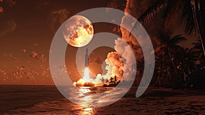 A Pop Art Rocket Launch with Vibrant Colors and Clouds at Sunset