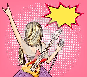 Pop art rockstar girl with guitar and microphone