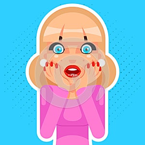 Pop Art Sale Cute Surprised Female Girl Woman Hand Palm Face Cartoon Character Flat Design Vector Illustration