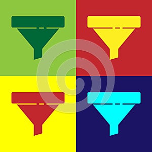 Pop art Sales funnel with arrows for marketing and startup business icon isolated on color background. Infographic