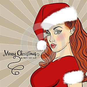 Pop art Santa girl. Pin up Santa girl. Christmas card