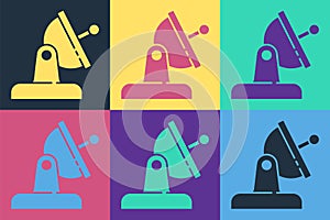 Pop art Satellite dish icon isolated on color background. Radio antenna, astronomy and space research. Vector
