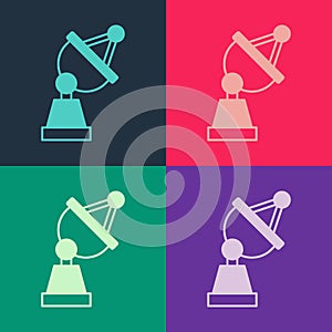 Pop art Satellite dish icon isolated on color background. Radio antenna, astronomy and space research. Vector