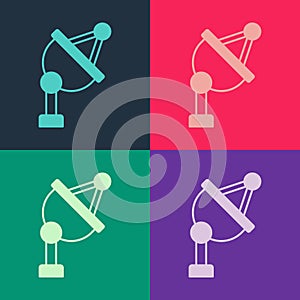 Pop art Satellite dish icon isolated on color background. Radio antenna, astronomy and space research. Vector