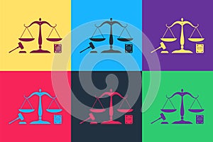 Pop art Scales of justice, gavel and book icon isolated on color background. Symbol of law and justice. Concept law