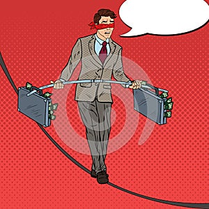 Pop Art Scared Businessman Walking on the Rope with Two Money Briefcase. Investment Risk