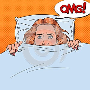 Pop Art Scared Young Woman Hiding in Bed. Afraid Girl Peeps Up Under the Blanket