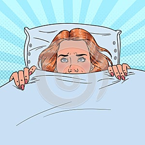 Pop Art Scared Young Woman Hiding in Bed. Afraid Girl Under the Blanket