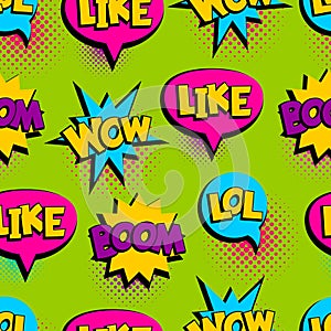 Pop Art seamless pattern comic text wow lol