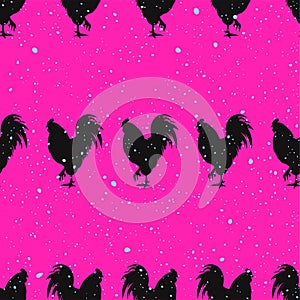 Pop art seamless pattern with dots acid and rooster silhouette seamless pattern on pink background. Vector