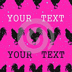 Pop art seamless pattern with dots acid and rooster silhouette seamless pattern on pink background. Vector