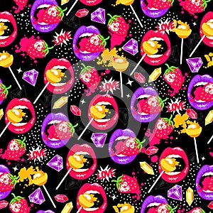 Pop art seamless pattern with lips, strawberry, lollipops, diamonds and love.