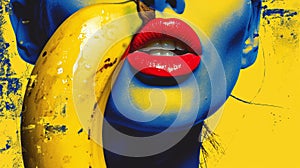 Pop Art Seduction - Bold Lips and Banana on Vivid Blue