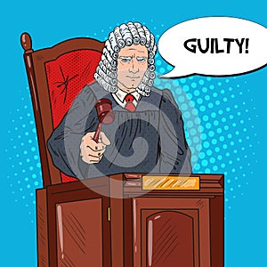 Pop Art Senior Judge in Courthouse Striking the Gavel. Law and Judical System