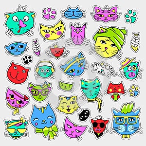 Pop art set with fashion patch badges. Cats and kittens Stickers, pins, patches, quirky, handwritten notes collection