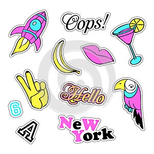 Pop art set with fashion patch badges and different elements. Stickers, pins, patches, quirky, handwritten notes photo