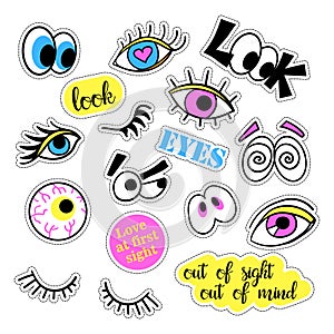 Pop art set with fashion patch badges and different eyes. Stickers, pins, patches, quirky, handwritten notes collection photo