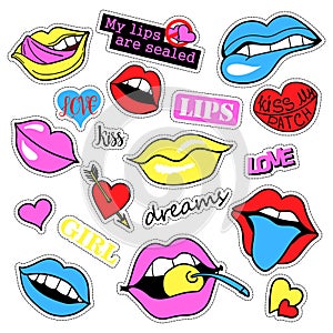 Pop art set with fashion patch badges and different lips. Stickers, pins, patches, quirky, handwritten notes collection