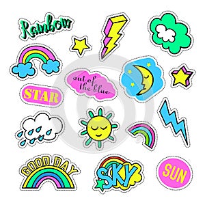 Pop art set with fashion patch badges and different sky elements. Stickers, pins, patches, quirky, handwritten notes