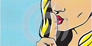 Pop art shhh woman, woman with finger on lips, silence gesture, pop art woman banner, shut up