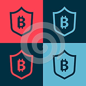 Pop art Shield with bitcoin icon isolated on color background. Cryptocurrency mining, blockchain technology, security