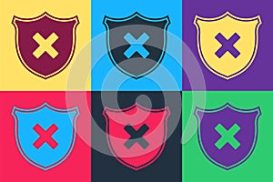 Pop art Shield and cross x mark icon isolated on color background. Denied disapproved sign. Protection, safety, security